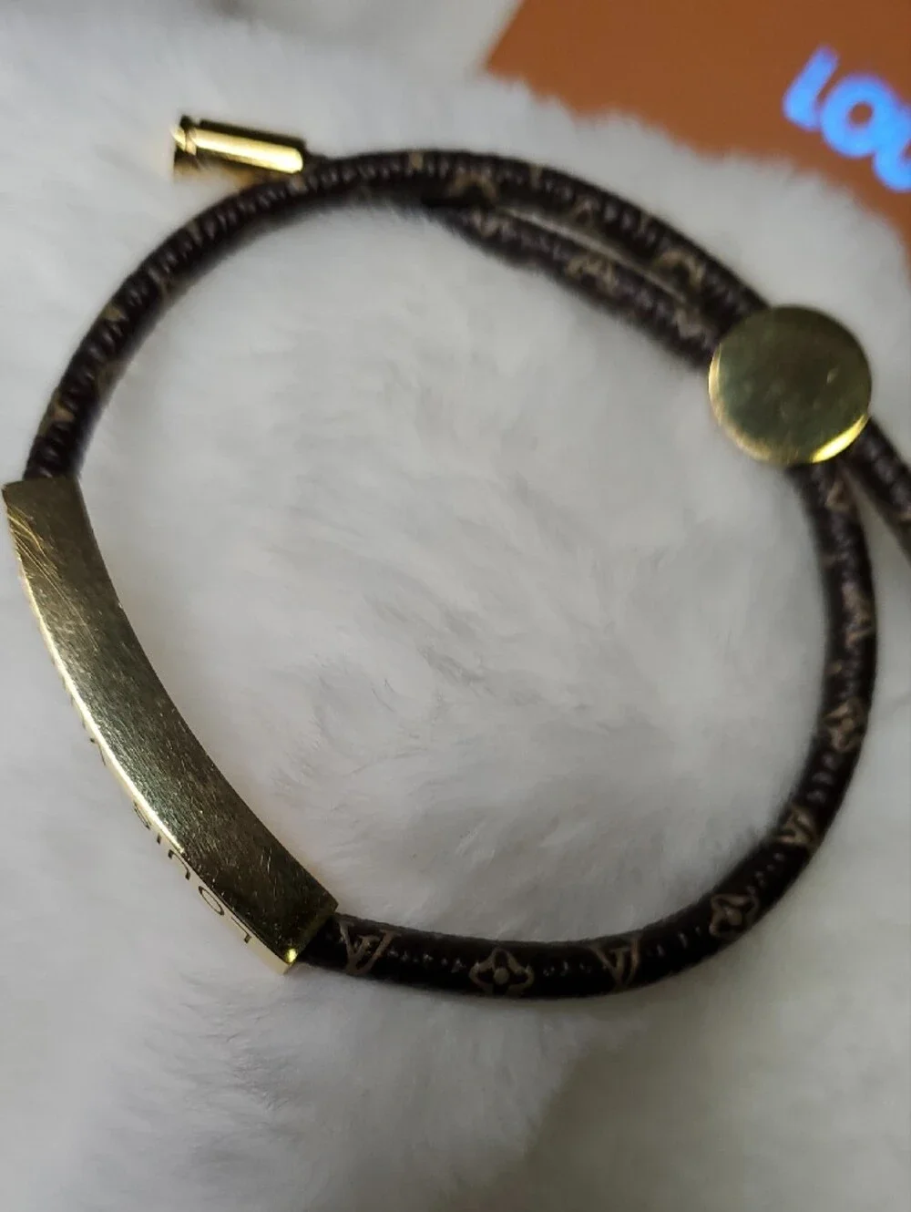 Lv Brown Monogram Bracelet with Gold Plate Accent